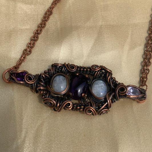 Amethyst and Rainbow Moonstone Oxidized Copper Wire Wrap Pendant 21"