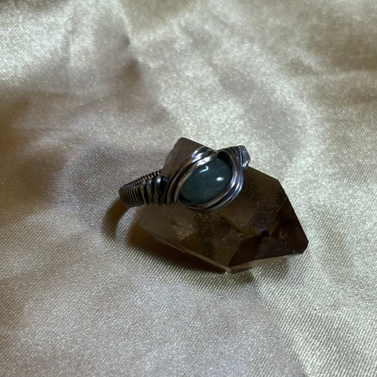 Green Aventurine Wire Wrapped Oxidized Sterling Silver Ring US Size 12