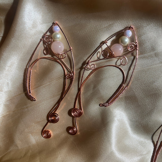 Wire Wrapped Elf Ear Cuff with Pink Opal, Faux Pearl and Glass Beads in Copper
