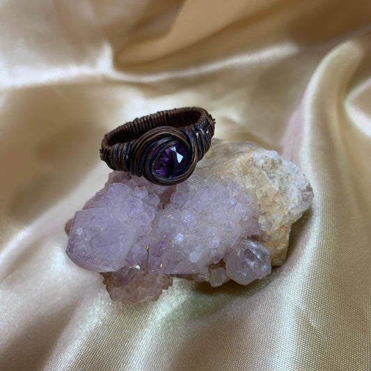 Faceted Amethyst in Oxidized Copper Ring US Size 10