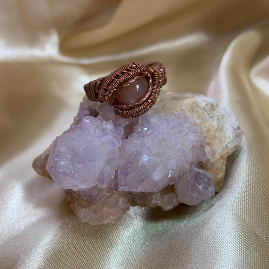 Peach Moonstone Copper Wire Wrap Ring US Size 8