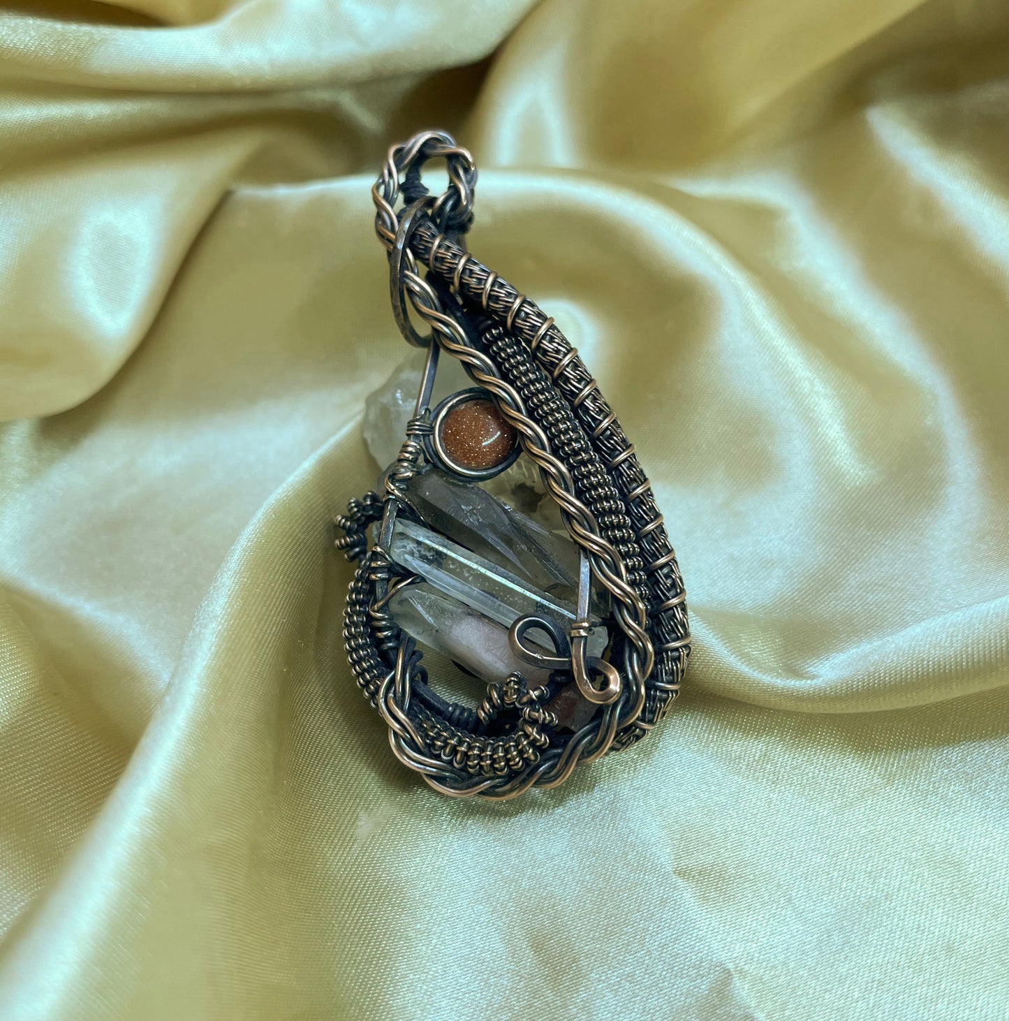 Smoky Quartz, Quartz, Angel Phantom Quartz with Red Goldstone Oxidized Copper Wire Wrapped Pendant