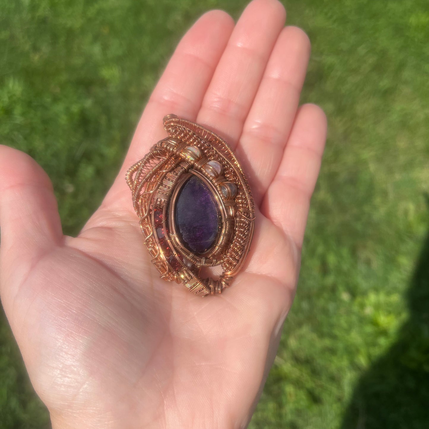 Purpurite and Friends in Copper Wire Wrapped Pendant