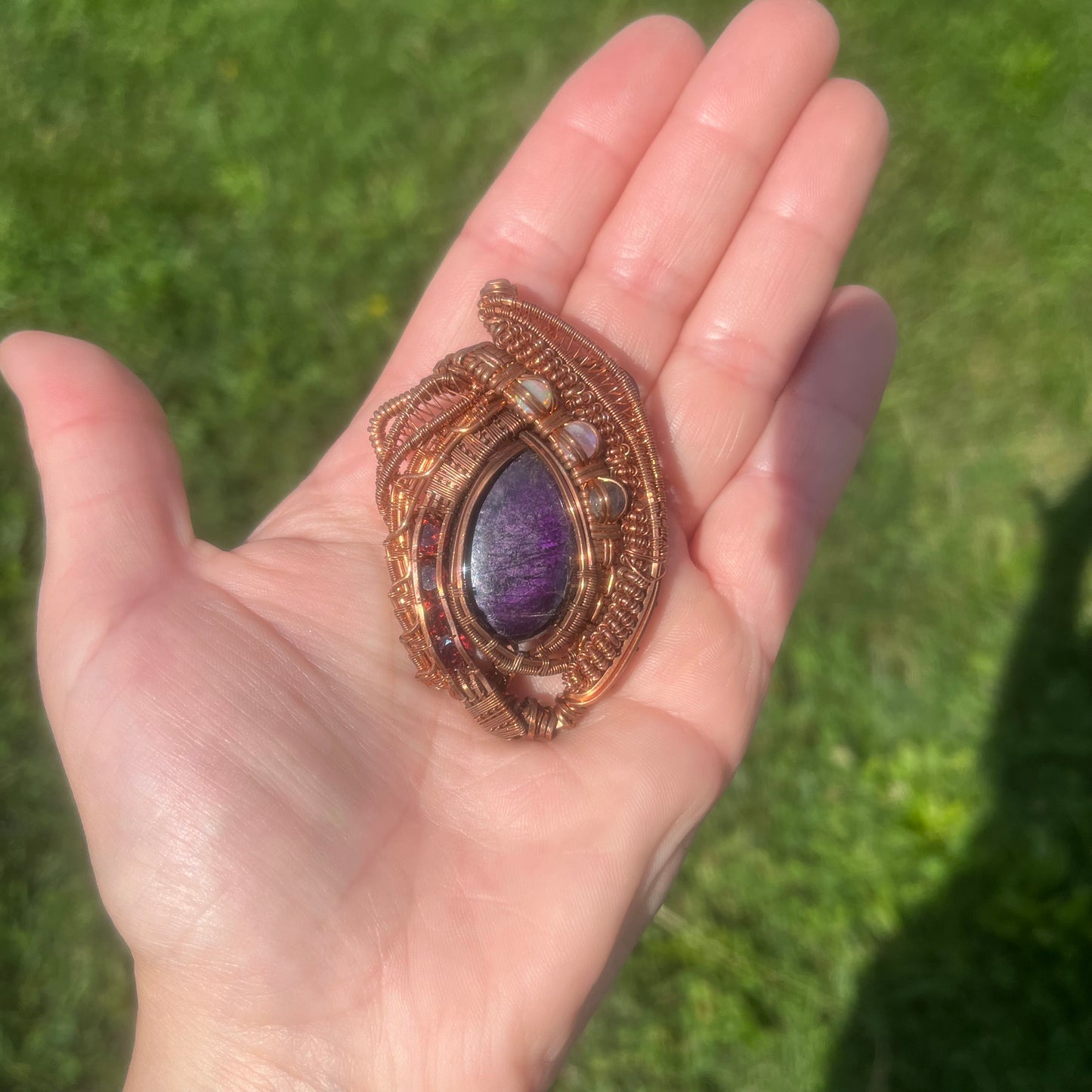 Purpurite and Friends in Copper Wire Wrapped Pendant