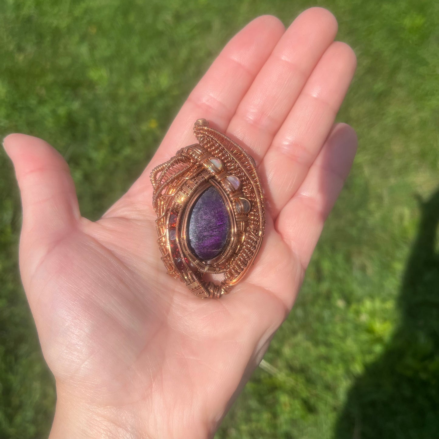 Purpurite and Friends in Copper Wire Wrapped Pendant