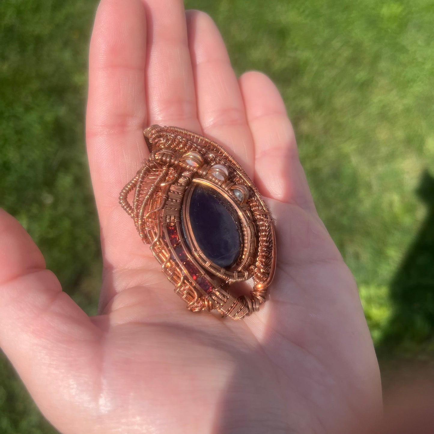 Purpurite and Friends in Copper Wire Wrapped Pendant