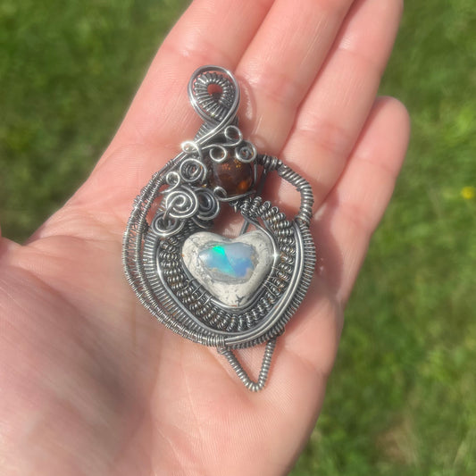 Heart Shaped Fire Opal and Fire Agate in Oxidized Sterling Silver