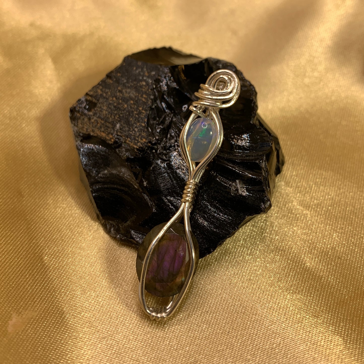 Faceted Purple Labradorite and Welo Opal in Sterling Silver Wire Wrapped Pendant