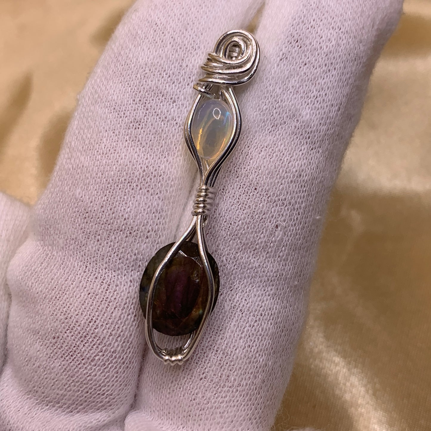 Faceted Purple Labradorite and Welo Opal in Sterling Silver Wire Wrapped Pendant