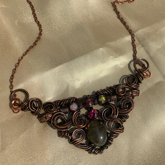 Labradorite, Heart-Shaped Pink Topaz, Pink Tourmaline and Opal Wire Wrapped Pendant in Copper on a Chain