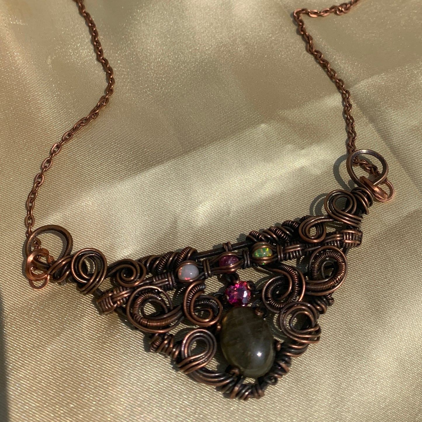 Labradorite, Heart-Shaped Pink Topaz, Pink Tourmaline and Opal Wire Wrapped Pendant in Copper on a Chain