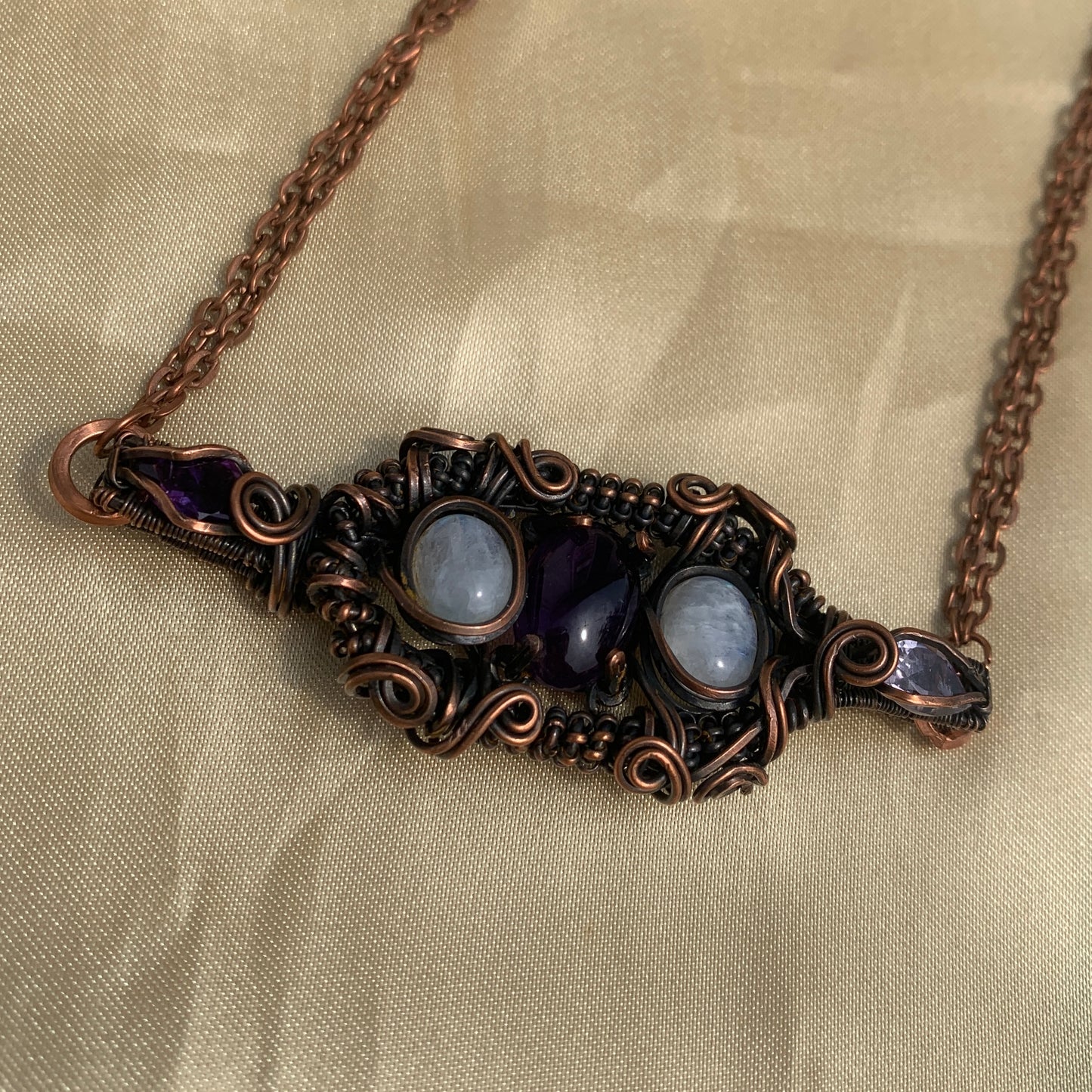 Amethyst and Rainbow Moonstone Oxidized Copper Wire Wrap Pendant 21"