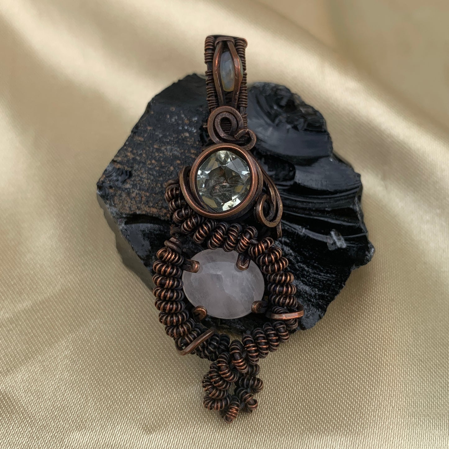 Rose Quartz Prasiolite and Opal Wire Wrapped Pendant in Copper