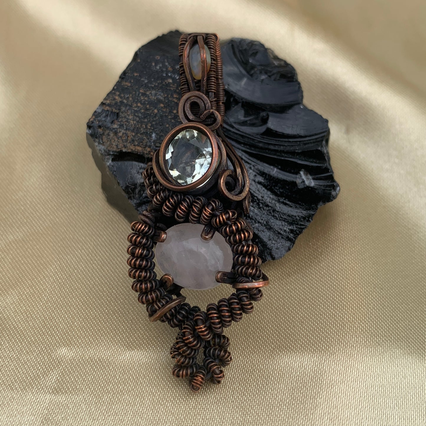 Rose Quartz Prasiolite and Opal Wire Wrapped Pendant in Copper