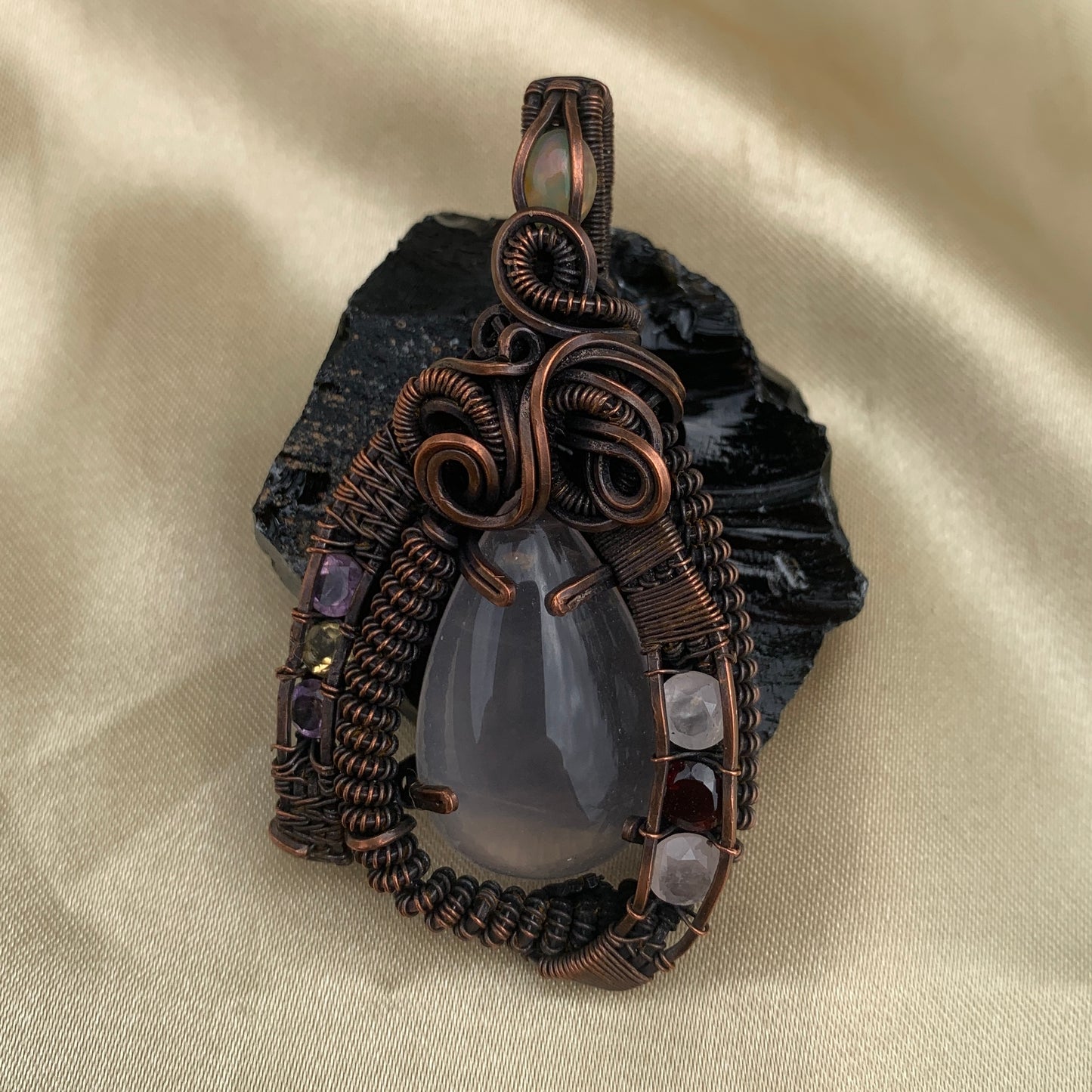 Gem Grade Rose Quartz, Amethyst, Citrine, Garnet and Opal in Copper Wire Wrapped Pendant