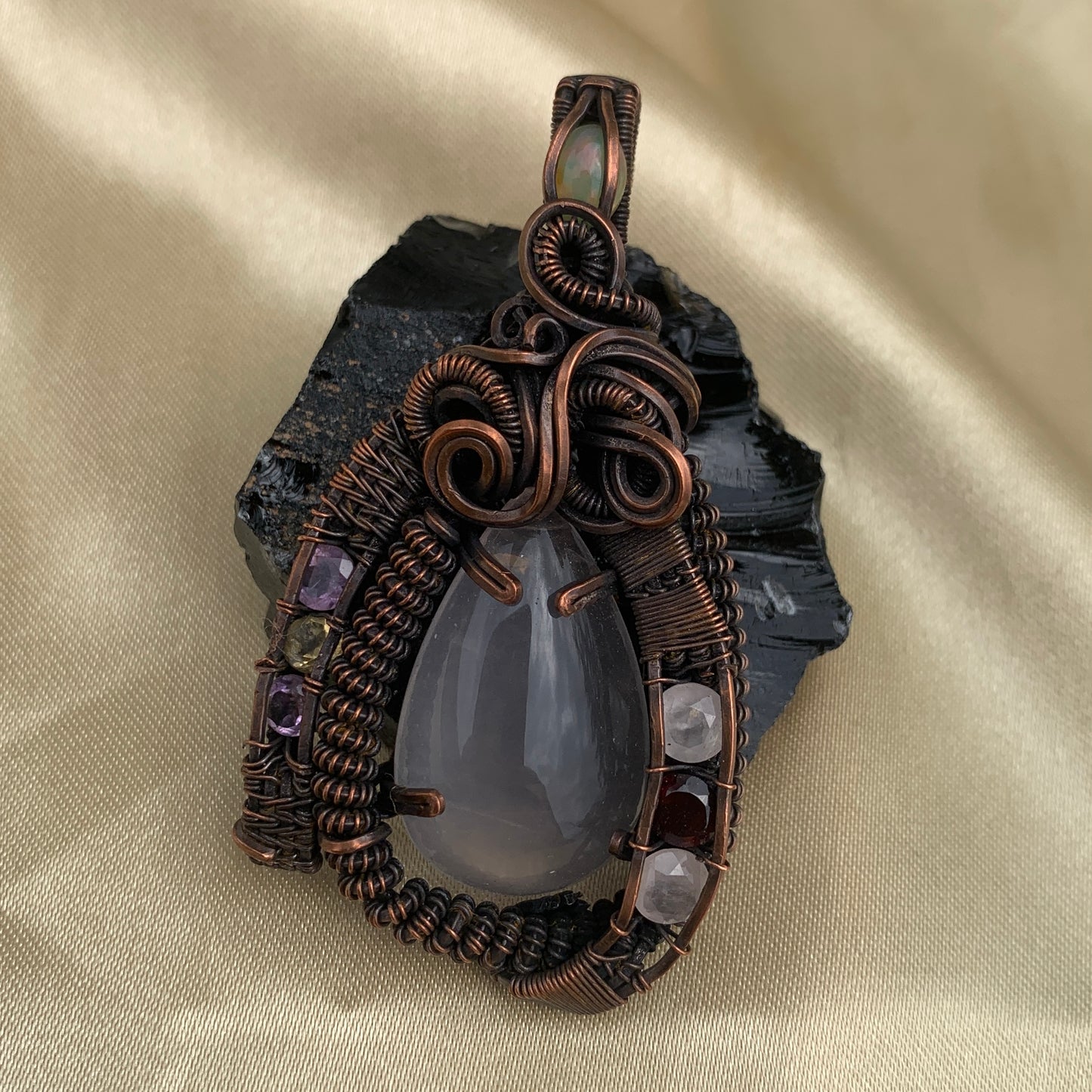 Gem Grade Rose Quartz, Amethyst, Citrine, Garnet and Opal in Copper Wire Wrapped Pendant