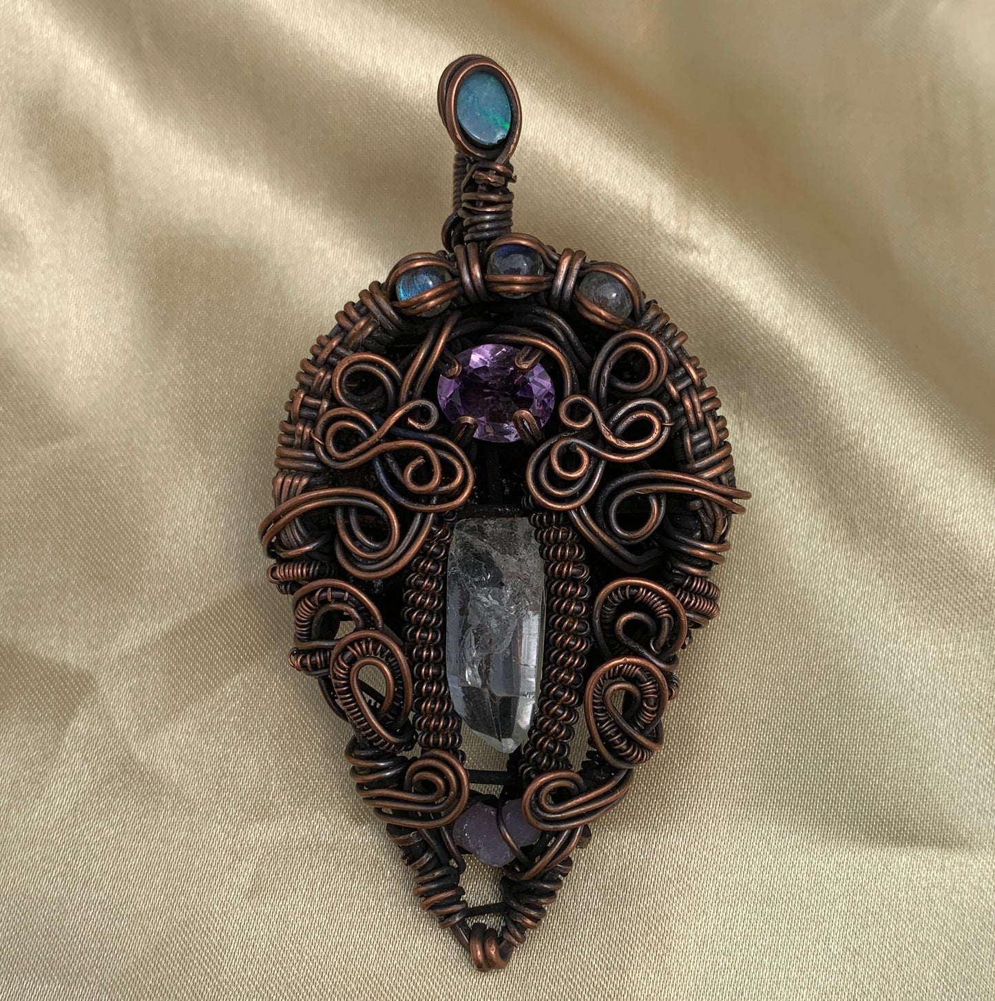 Royalty Wire Wrapped Pendant with Herkimer Diamond, Grape Agate, Amethyst, Labradorite and Australian Blue Fire Opal in Copper