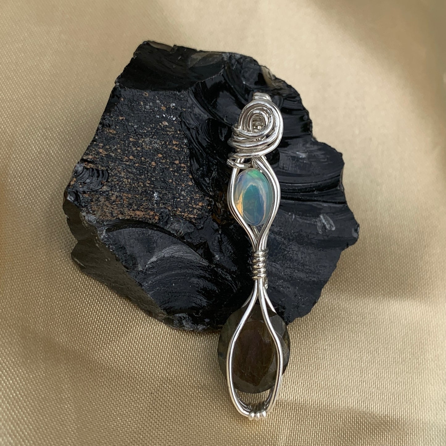 Faceted Purple Labradorite and Welo Opal in Sterling Silver Wire Wrapped Pendant