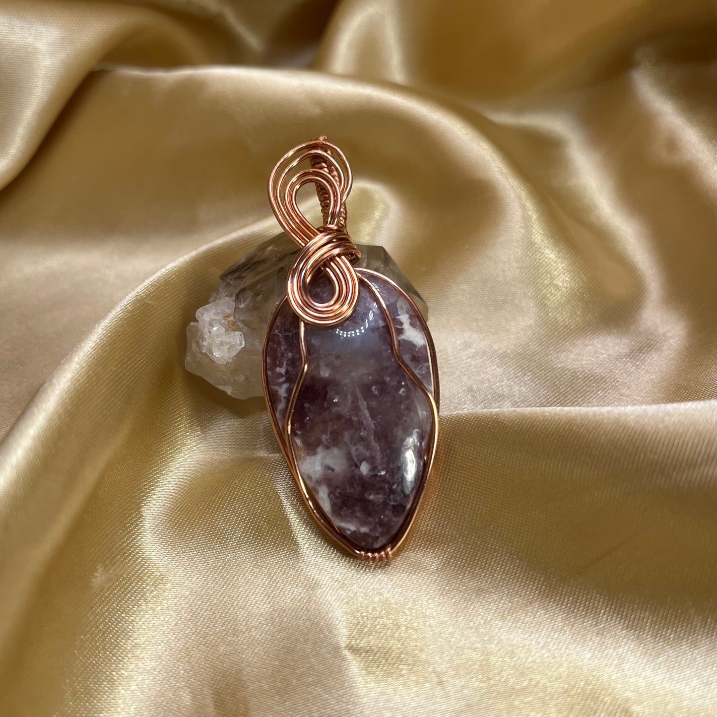 Lepidolite and Quartz Bare Copper Wire Wrapped Pendant