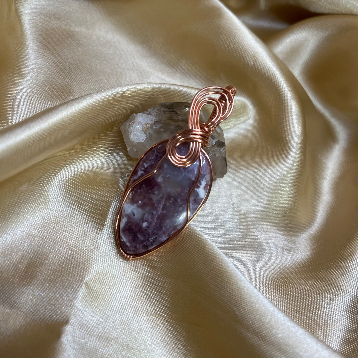 Lepidolite and Quartz Bare Copper Wire Wrapped Pendant