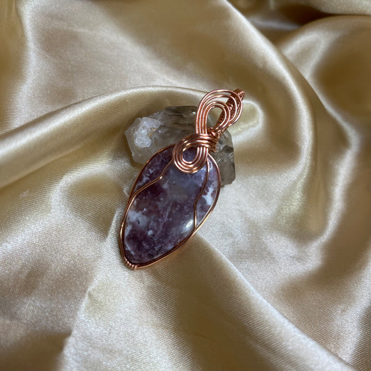 Lepidolite and Quartz Bare Copper Wire Wrapped Pendant