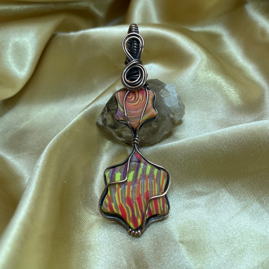 Polymer Clay Two Star Oxidized Copper Wire Wrap Pendant