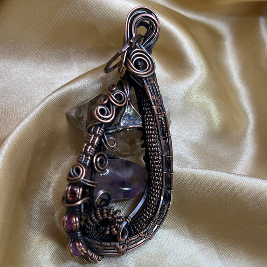 Trapiche Amethyst with Pink Tourmaline, Pink Sapphire, Ruby, Iolite, Labradorite and Aura Quartz Accents in Oxidized Copper Wire Wrapped Pendant