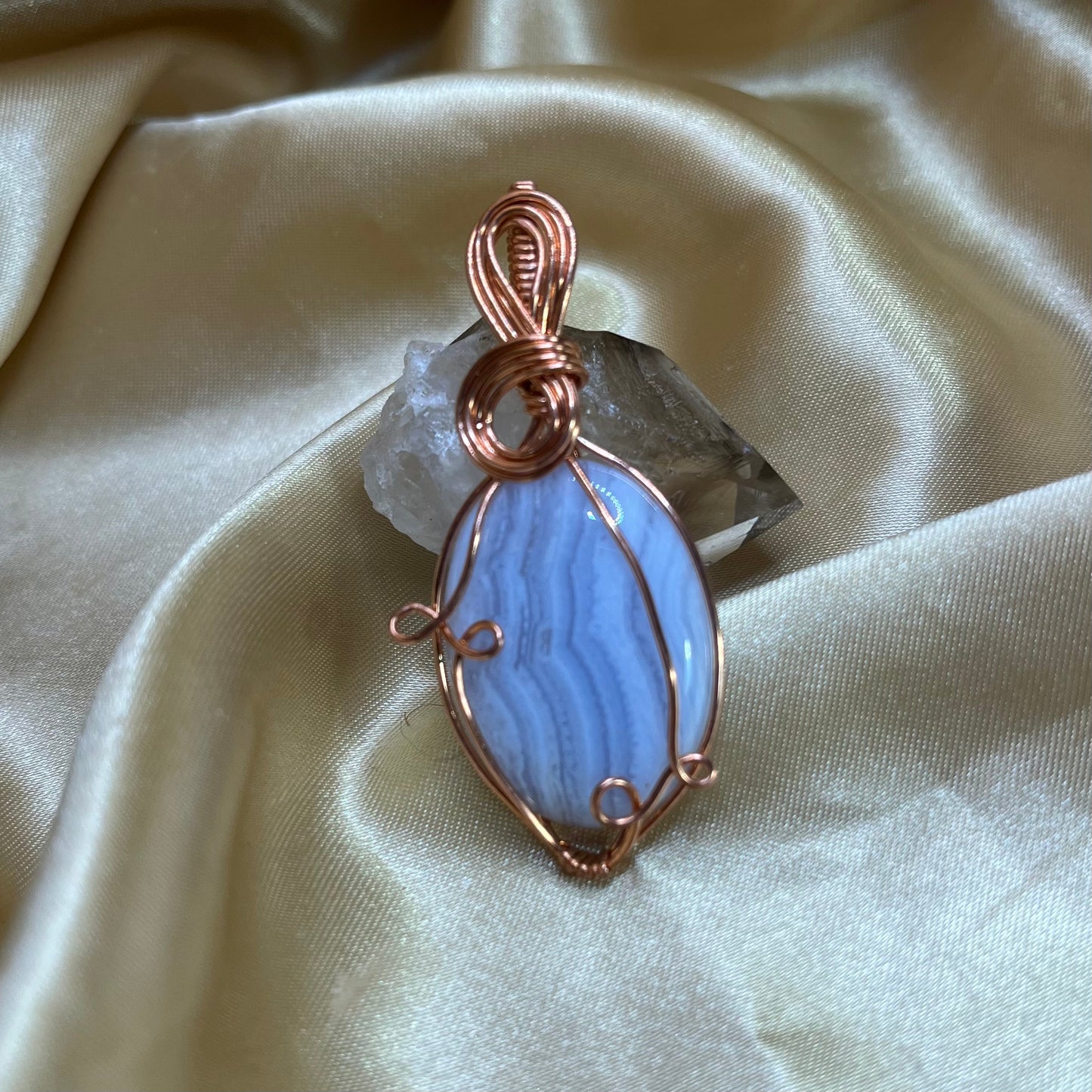 Blue Lace Agate in Bare Copper Wire Wrapped Pendant