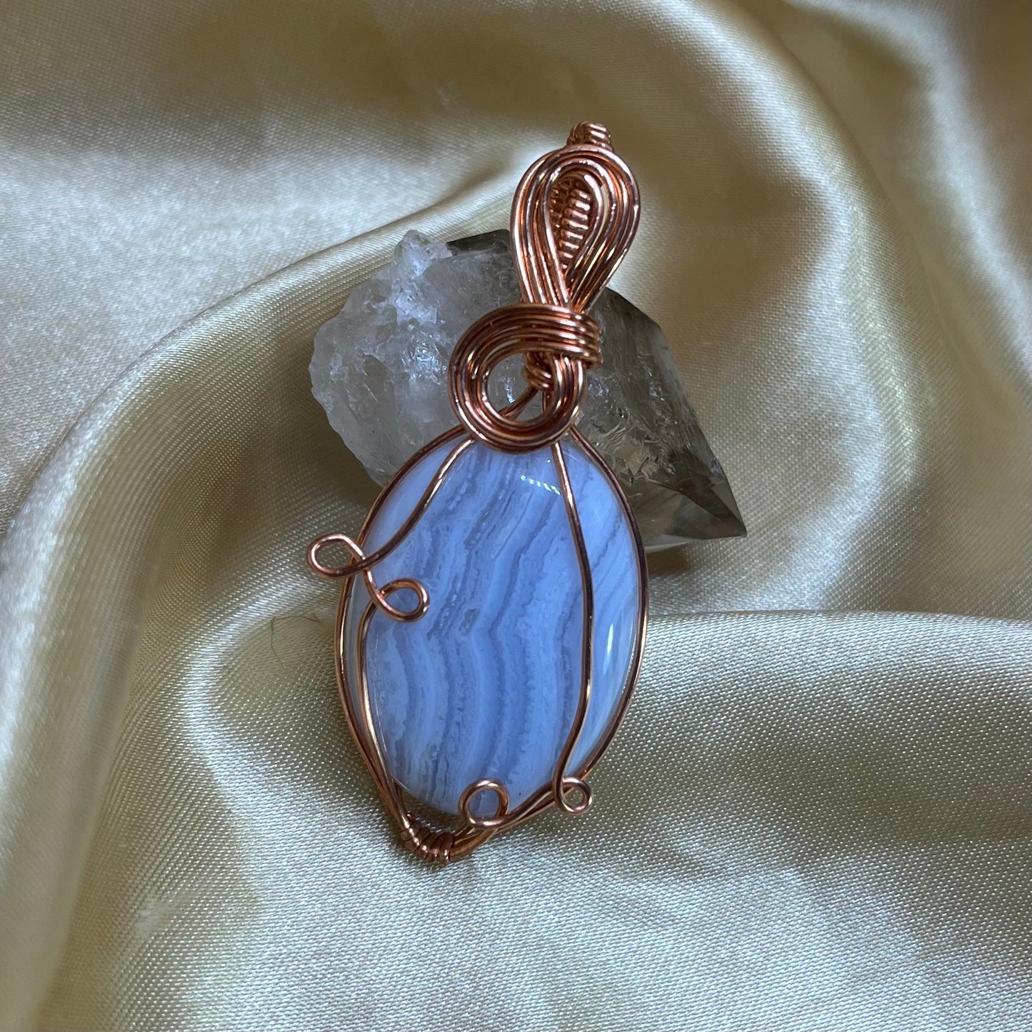 Blue Lace Agate in Bare Copper Wire Wrapped Pendant