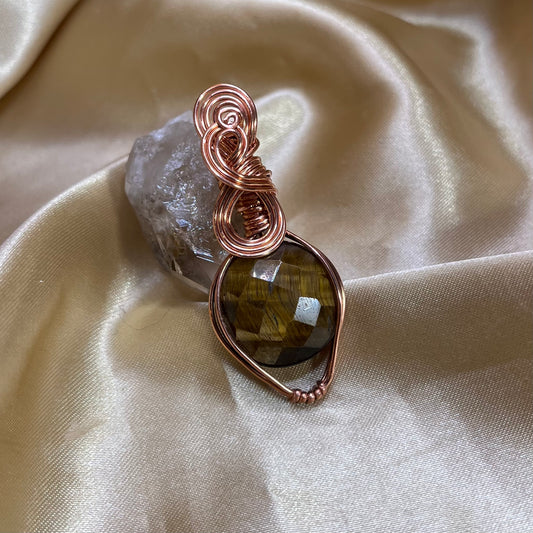 Faceted Tiger's Eye Bare Copper Wire Wrapped Pendant