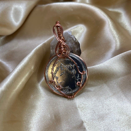 Gaara Coin Bare Copper Wire Wrapped Pendant