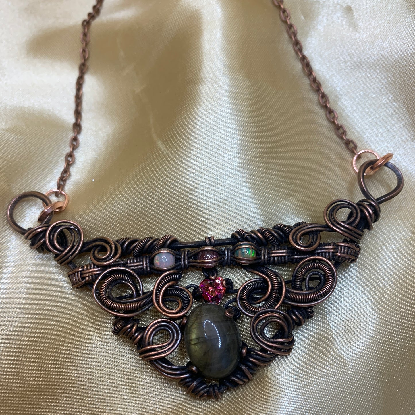 Labradorite, Heart-Shaped Pink Topaz, Pink Tourmaline and Opal Wire Wrapped Pendant in Copper on a Chain