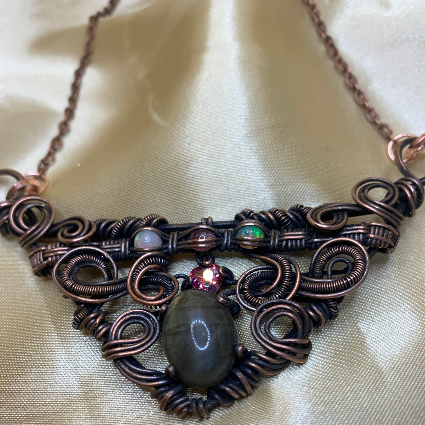 Labradorite, Heart-Shaped Pink Topaz, Pink Tourmaline and Opal Wire Wrapped Pendant in Copper on a Chain