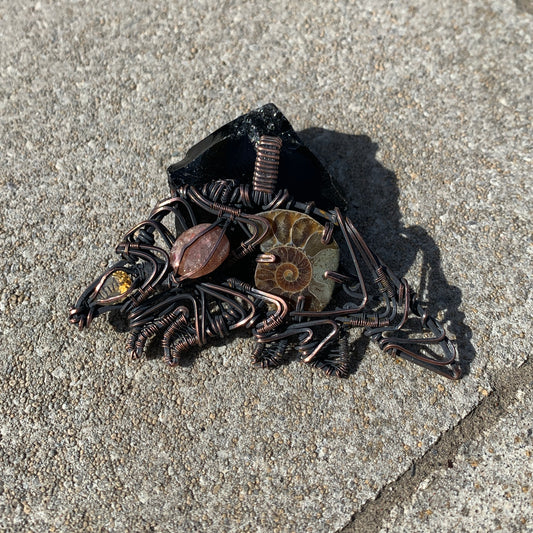 Pangolin Wire Wrap Copper Necklace with Citrine, Sunstone and Ammonite