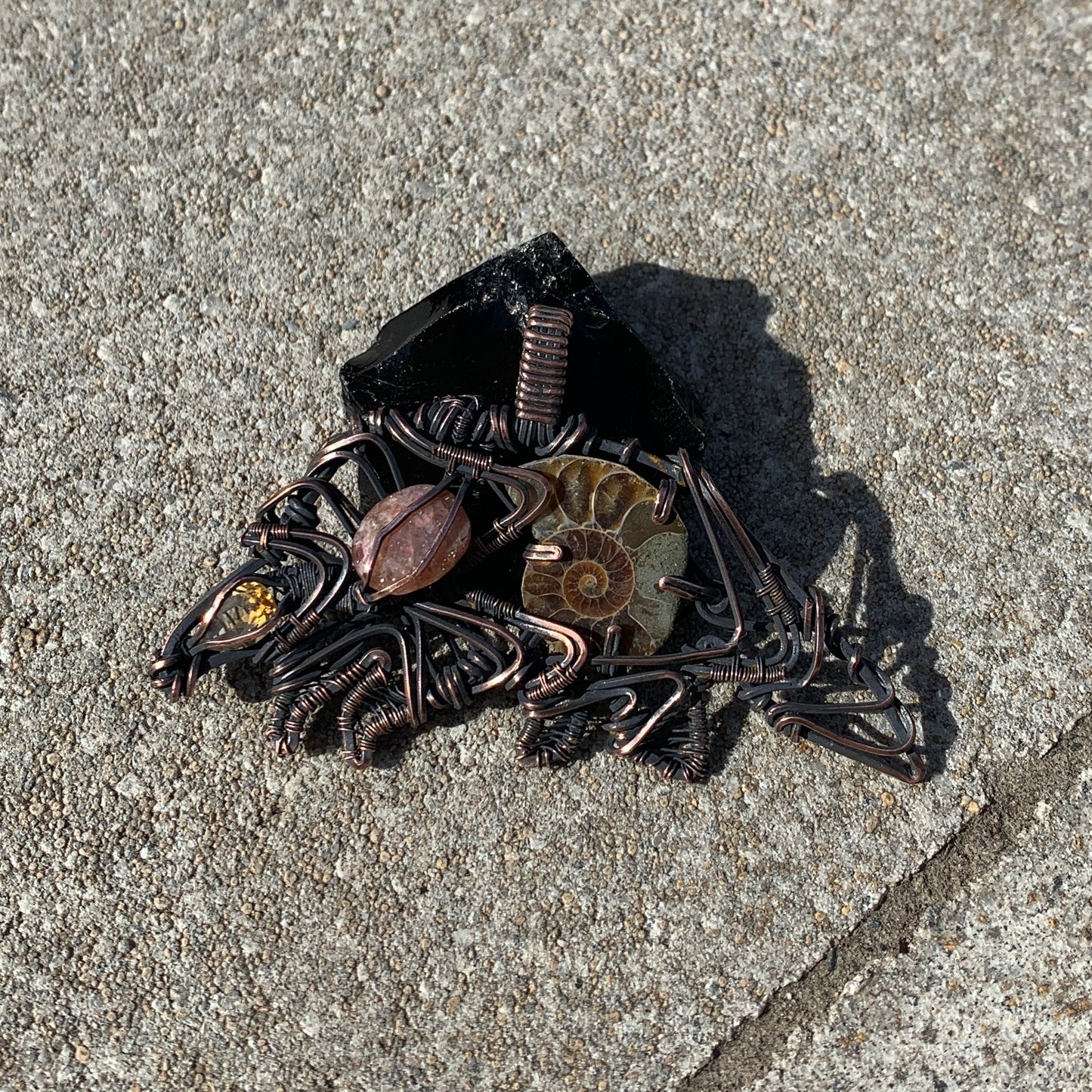 Pangolin Wire Wrap Copper Necklace with Citrine, Sunstone and Ammonite