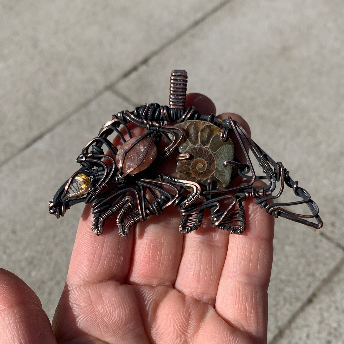 Pangolin Wire Wrap Copper Necklace with Citrine, Sunstone and Ammonite