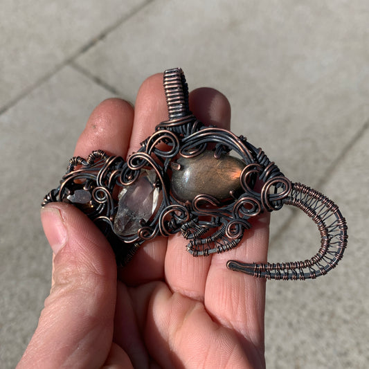 Rat Wire Wrapped Copper Pendant with Labradorite, Herkimer Diamond Quartz and Smoky Quartz